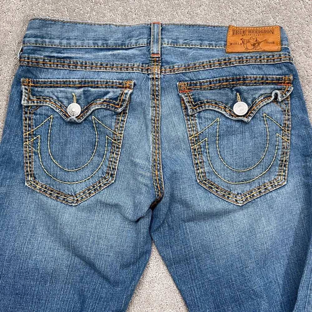 True Religion‎ Jeans Men 38W 32L Blue Distressed Denim Orange Stitching USA
